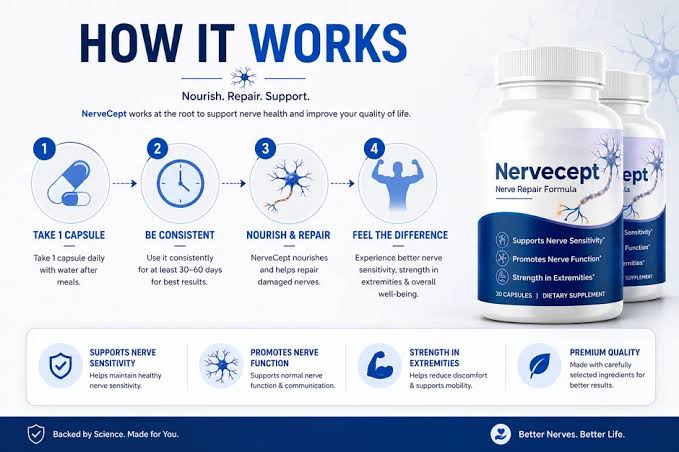 Nervecept how it works infographic with bottle and routine steps
