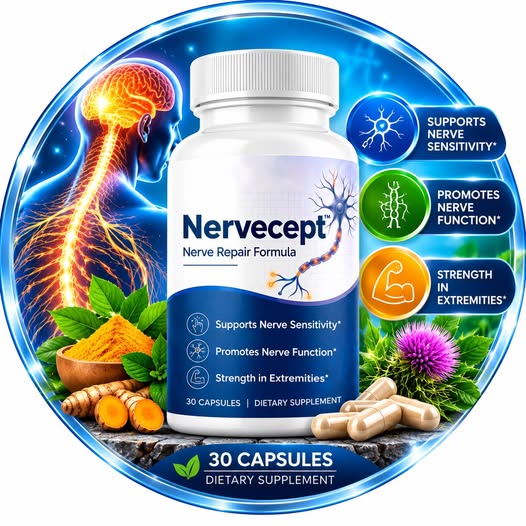 Nervecept Capsules bottle surrounded by botanicals with nerve sensitivity, function and strength highlights